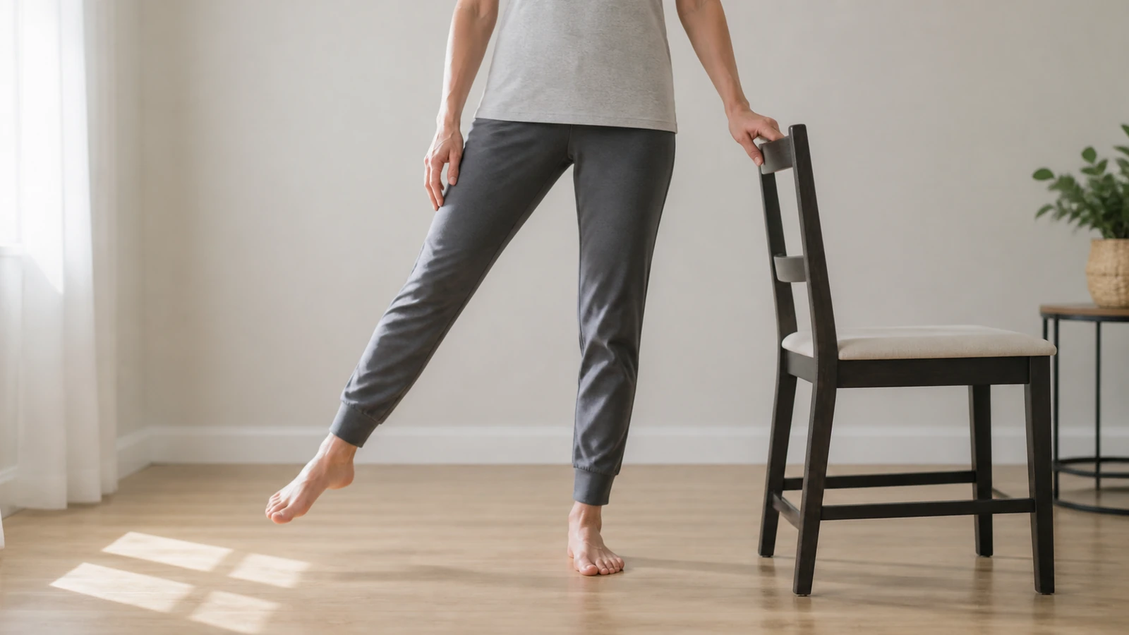 Personne réalisant un mouvement simple près d’une chaise