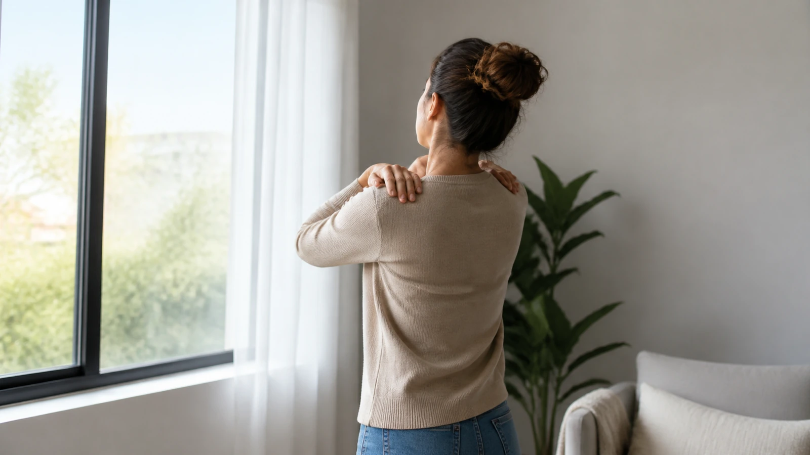 Adulte bougeant doucement les épaules près d’une fenêtre