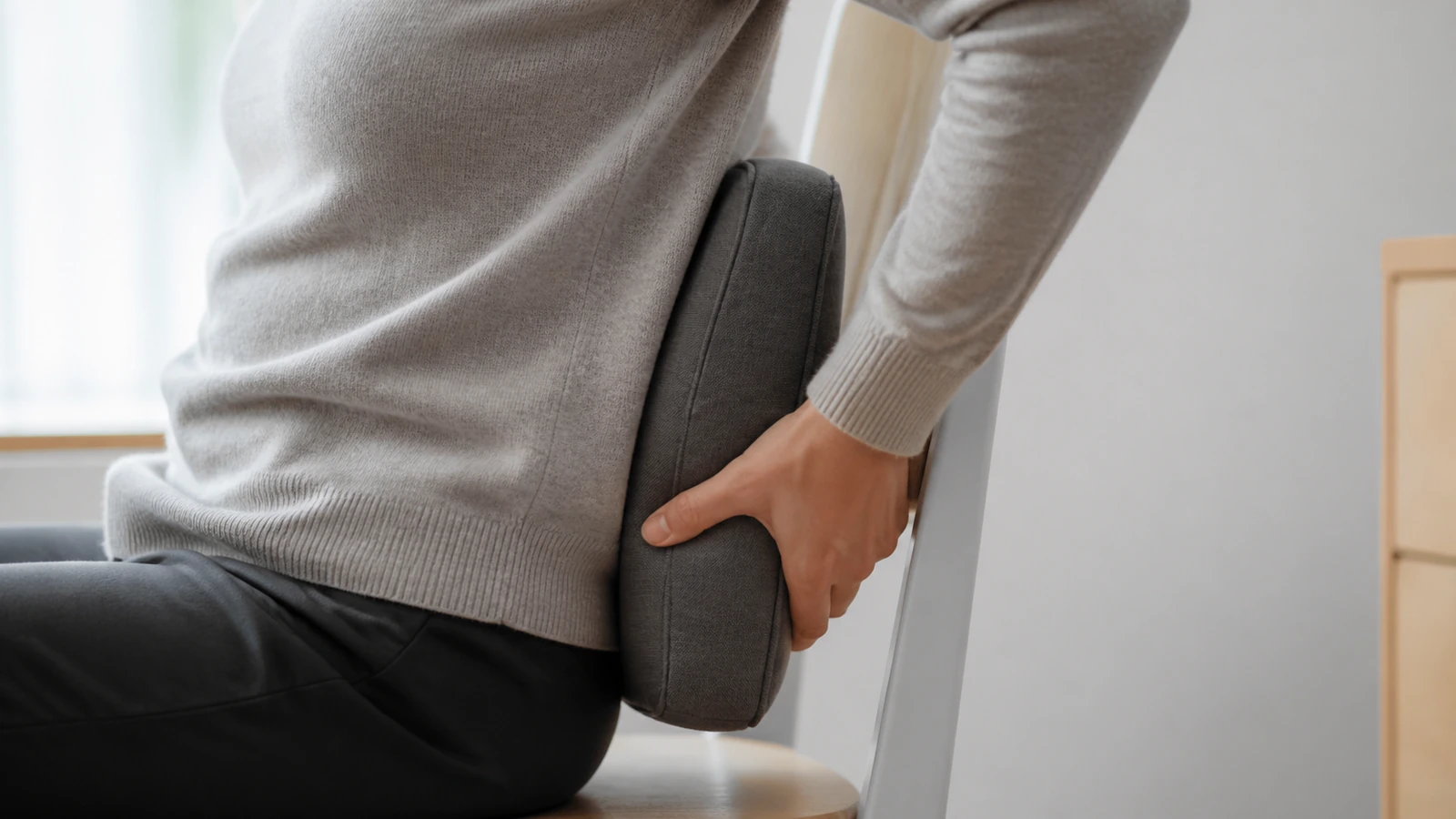 Main ajustant doucement un coussin lombaire neutre