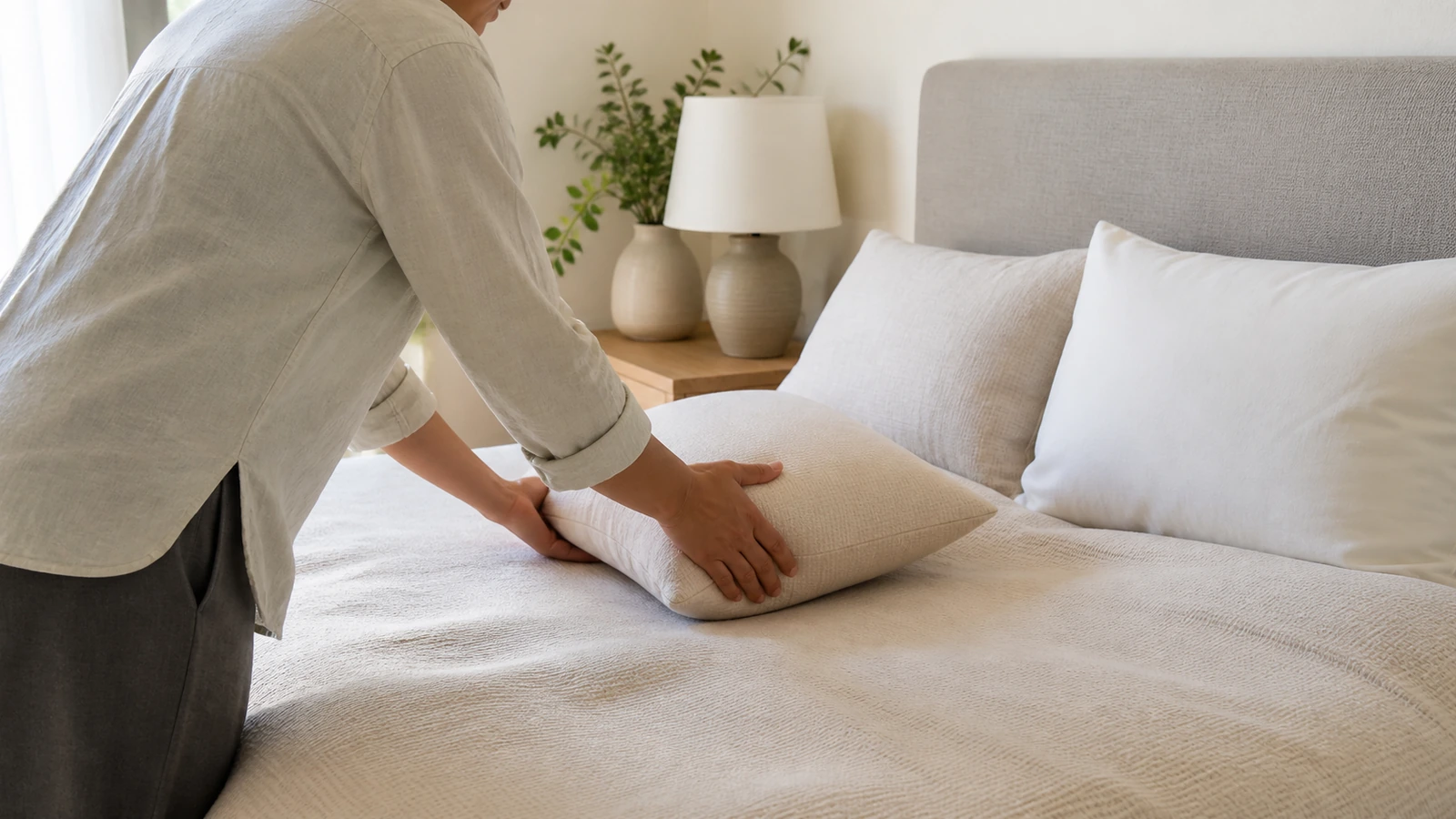 Personne installant un coussin pour une position confortable