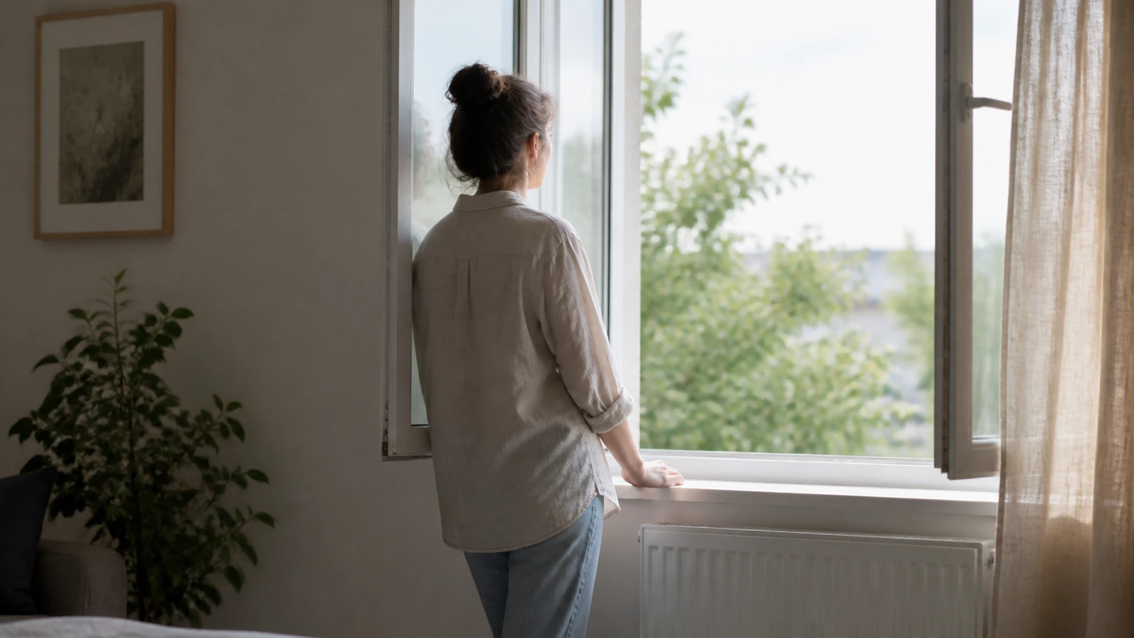 Personne faisant une pause respiratoire près d’une fenêtre